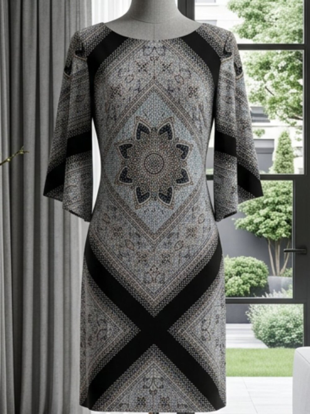 Enfocus Studio Mosaic Geometric Mandala Bell Sleeve Shift Dress Black Gray Sz M